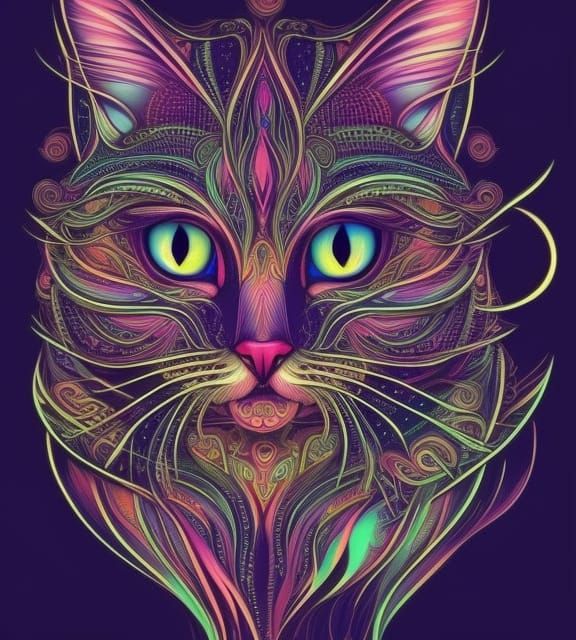 Mystical Cat with Hearts, Psychedelic Vector Art