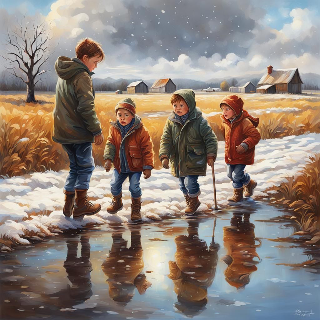 Children Play in Puddles on Snowy Country Road