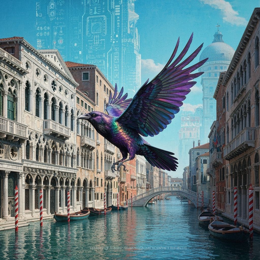 Iridescent Raven Flies Over Cyberpunk Venice