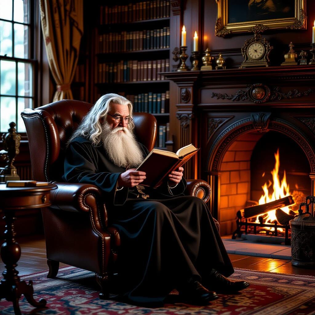 Aged Wizard Reading by Fireplace in Rembrandt Lighting