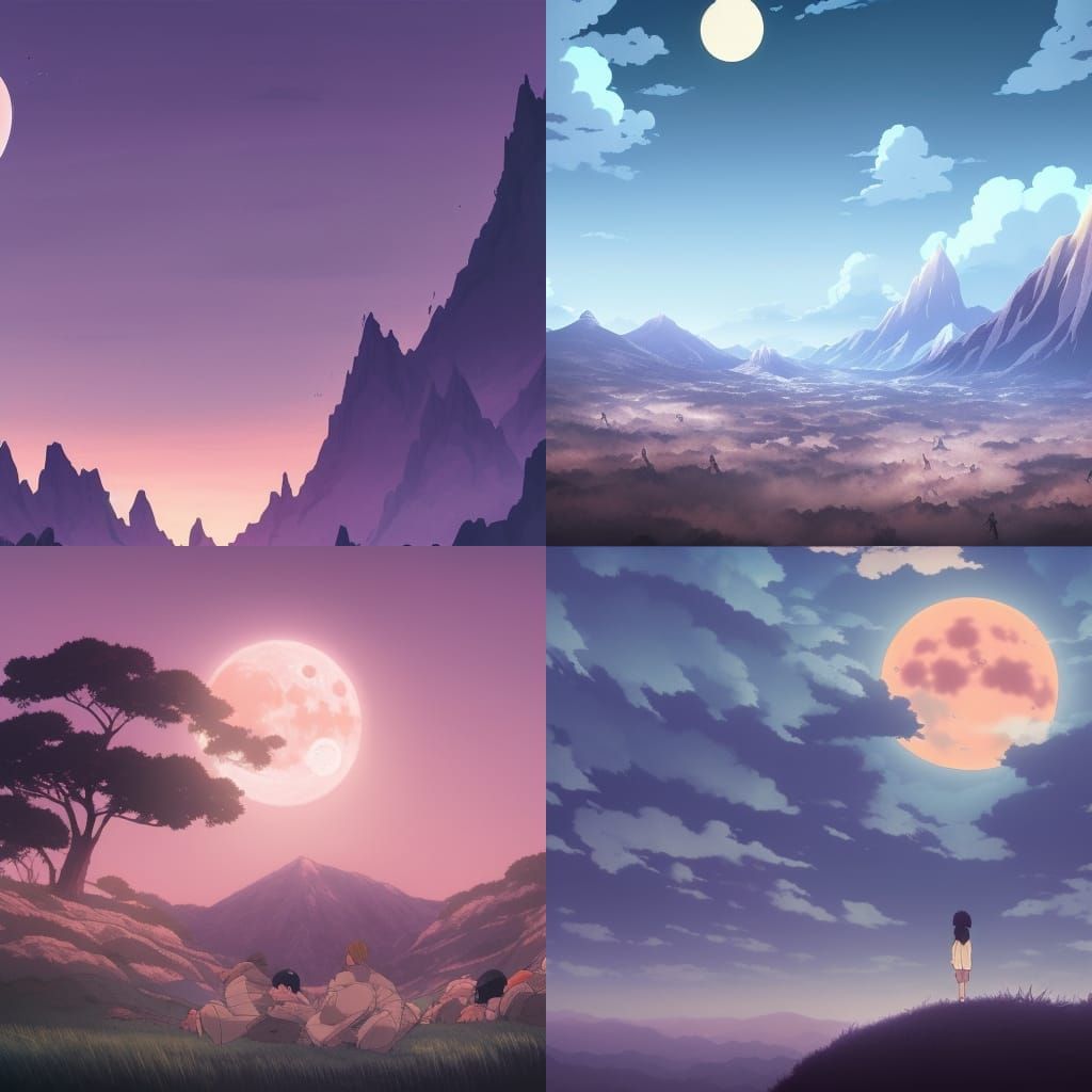 Moonrise Over Mountain in Anime Key Visual Style