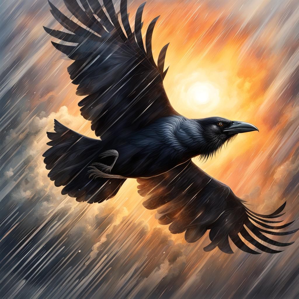 Raven in Flight During Storm: Hyperrealistic Splash Art