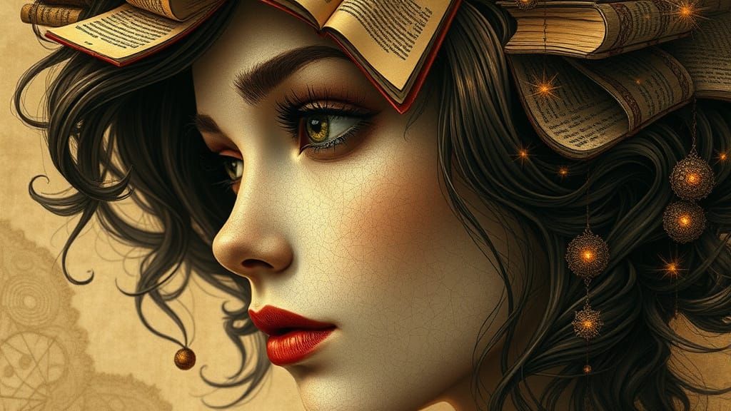 Woman's Head of Books: Mystical Sepia Digital Painting