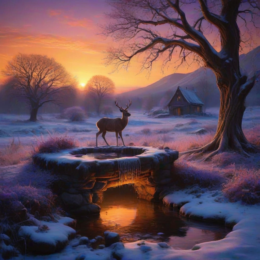 Enchanted Sunset Scene with Rustic Deer and Ancient Well