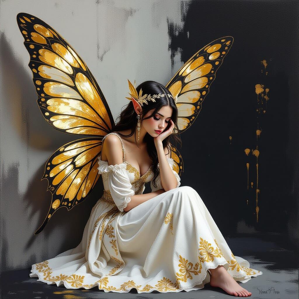 Sad Fairy with Gold Wings in Impasto Style