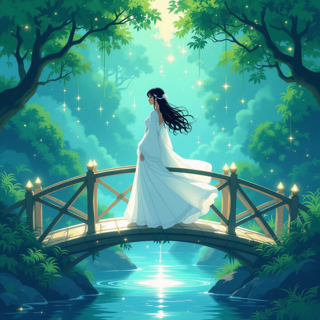 Mystical Woman on Shimmering Bridge