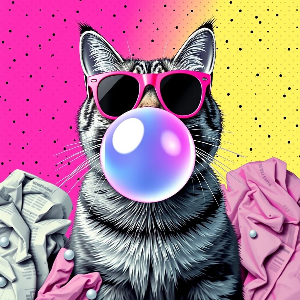 Grey Tabby Cat in Pink Sunglasses Blows Giant Bubblegum Bubb...