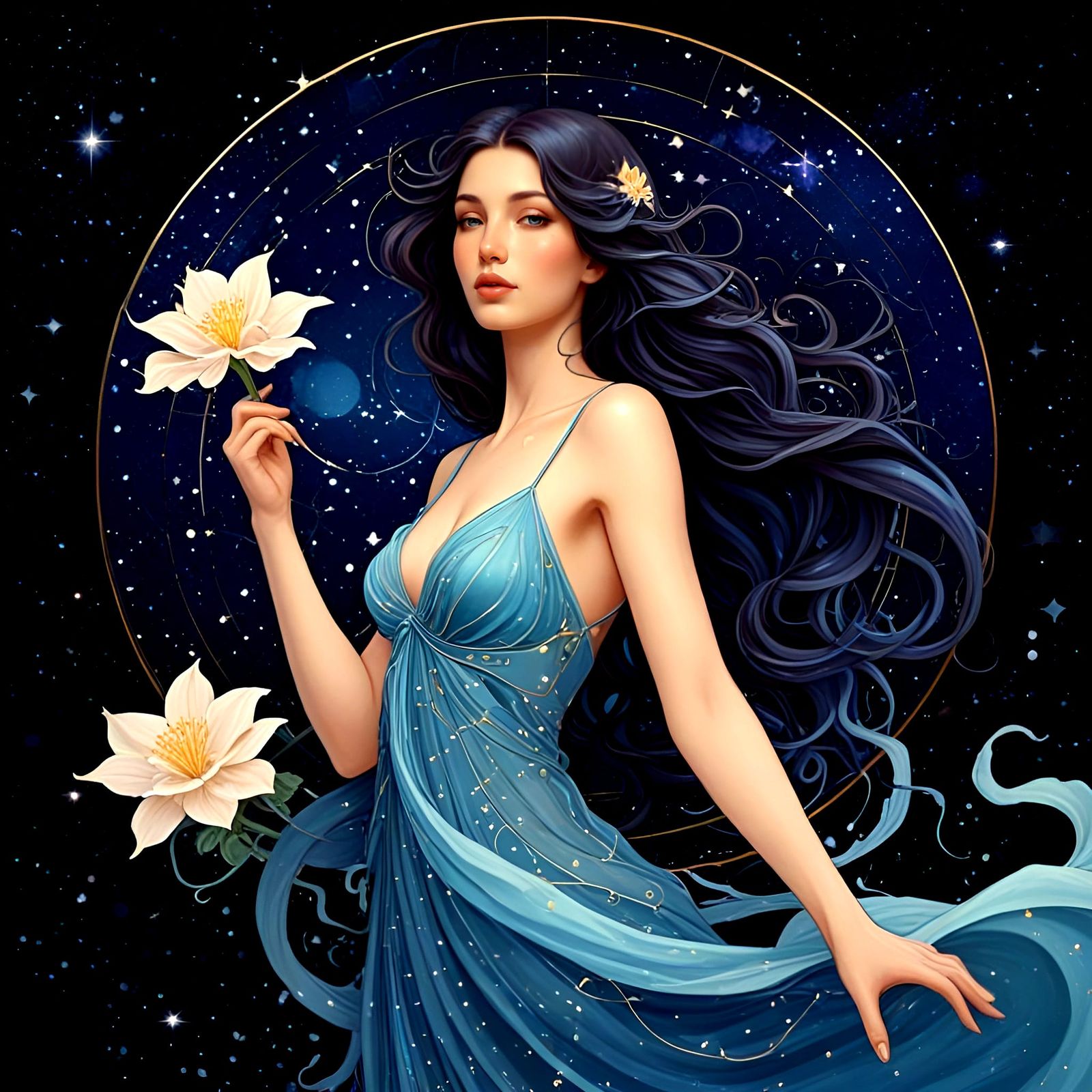 Art Nouveau Celestial Woman with Moonflower