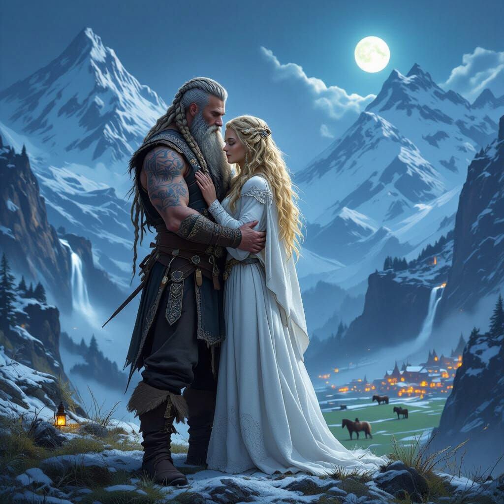 Viking Couple on Ridge Overlooking Snowy Village