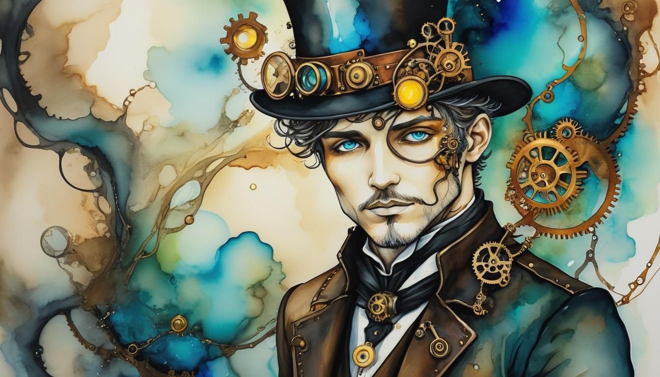 Steampunk Man in Bioluminescent Alcohol Ink Dreamscape