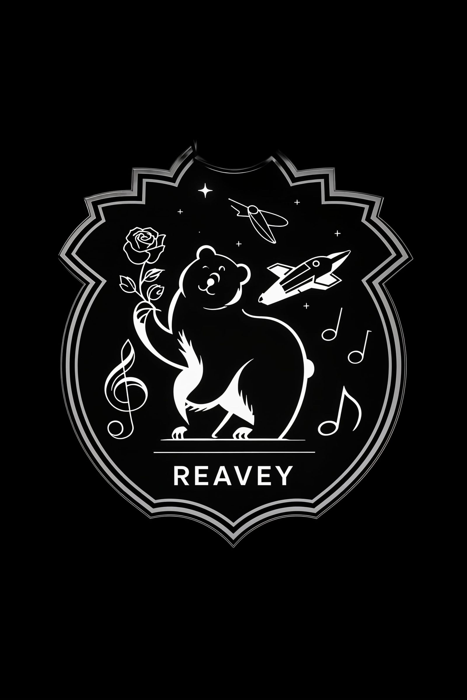 Modern Family Crest with Bear and Spaceship in Orbit, Music....