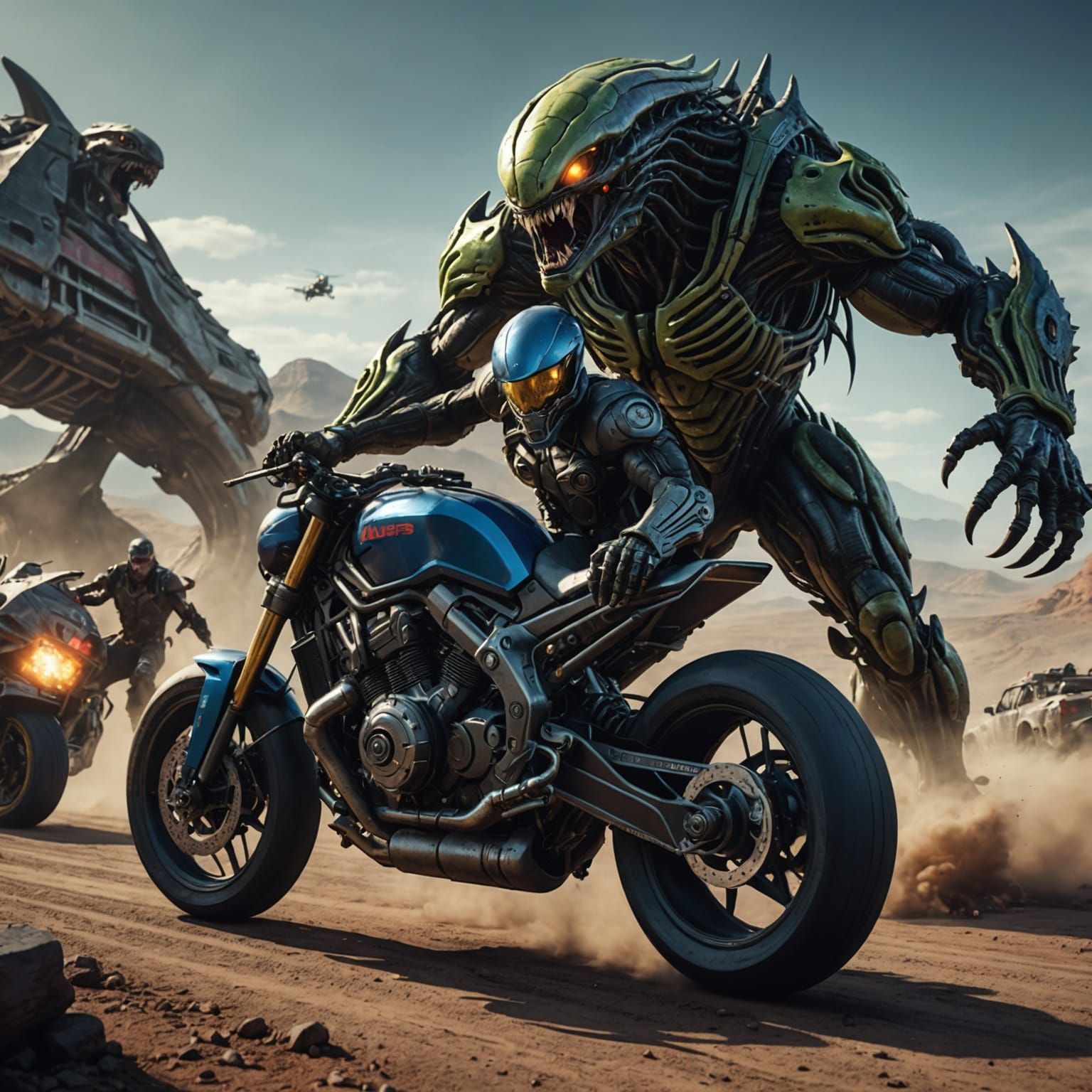 Aliens and Rambo on a Monster Racing Bike