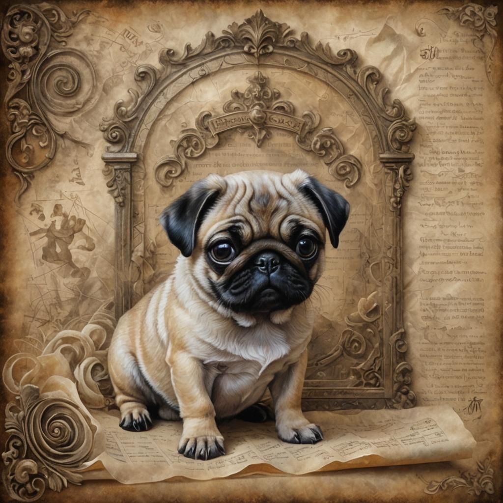 Fantasy Pug Puppy on Ancient Runed Scroll