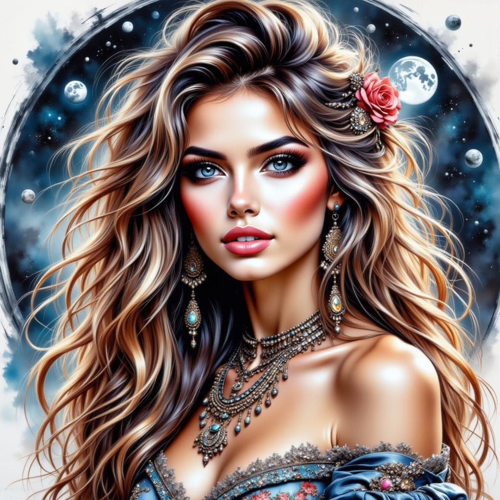 Watercolor Moon Princess Portrait in Space