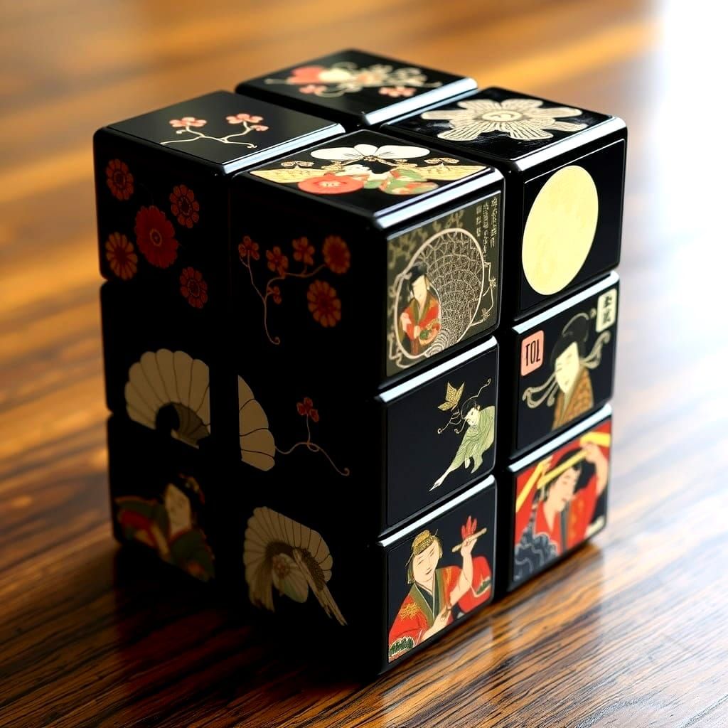 Rubik's cube made out of black lacquered and traditional Kabuki designs painted on each tile