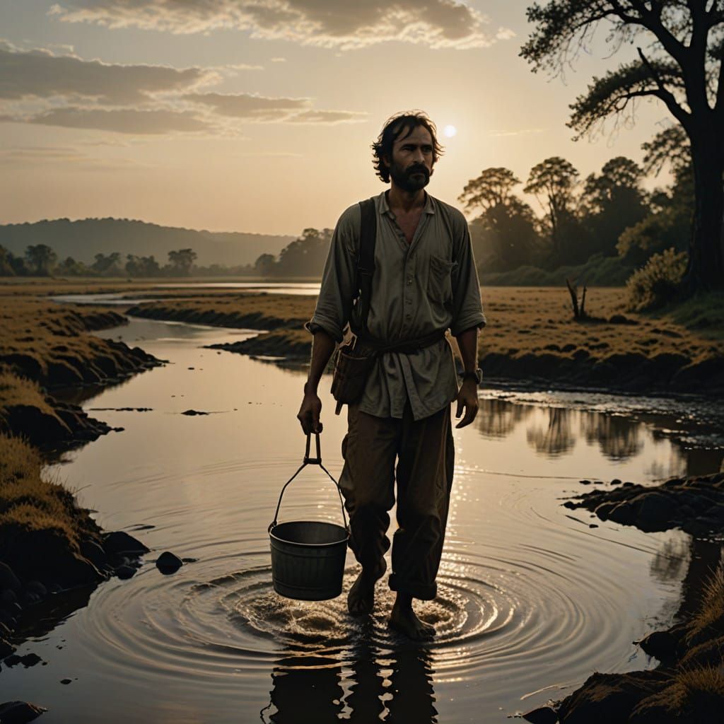 A Man Collects Water at Sunset, in Cinematic Style