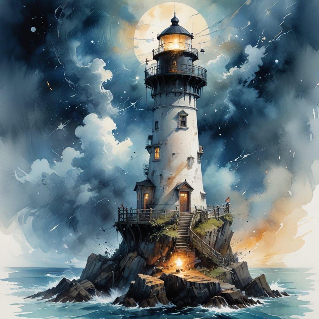 Ocean Storm Lighthouse in Watercolor Art Style