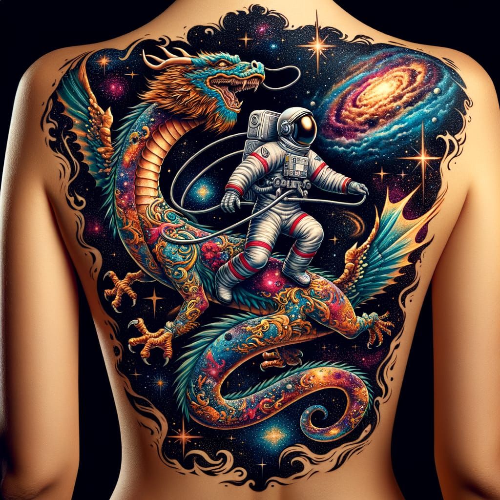 Astronaut and Dragon Flash Tattoo in Space