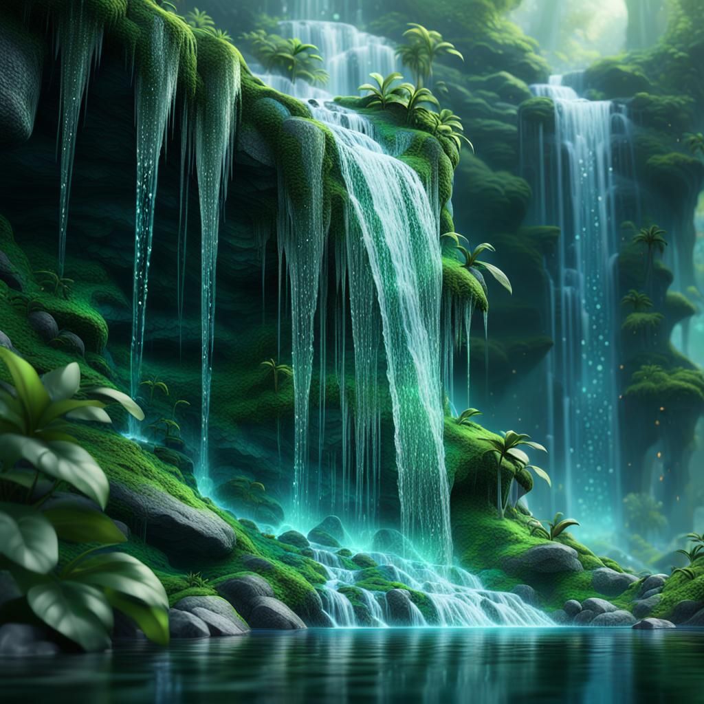Meshy Crystalline Waterfalls in Lush Environment