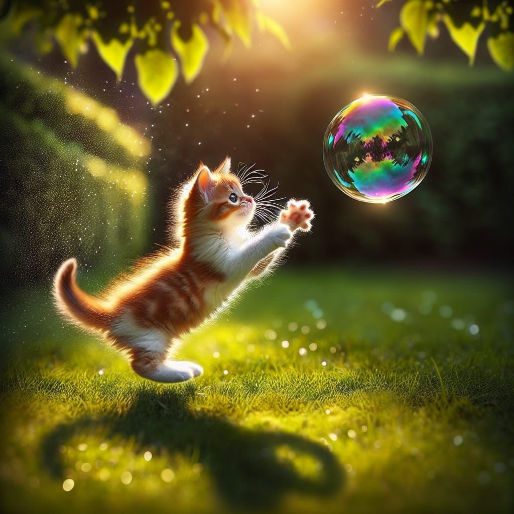 Playful Kitten Chases Iridescent Bubble in a Sunny Garden