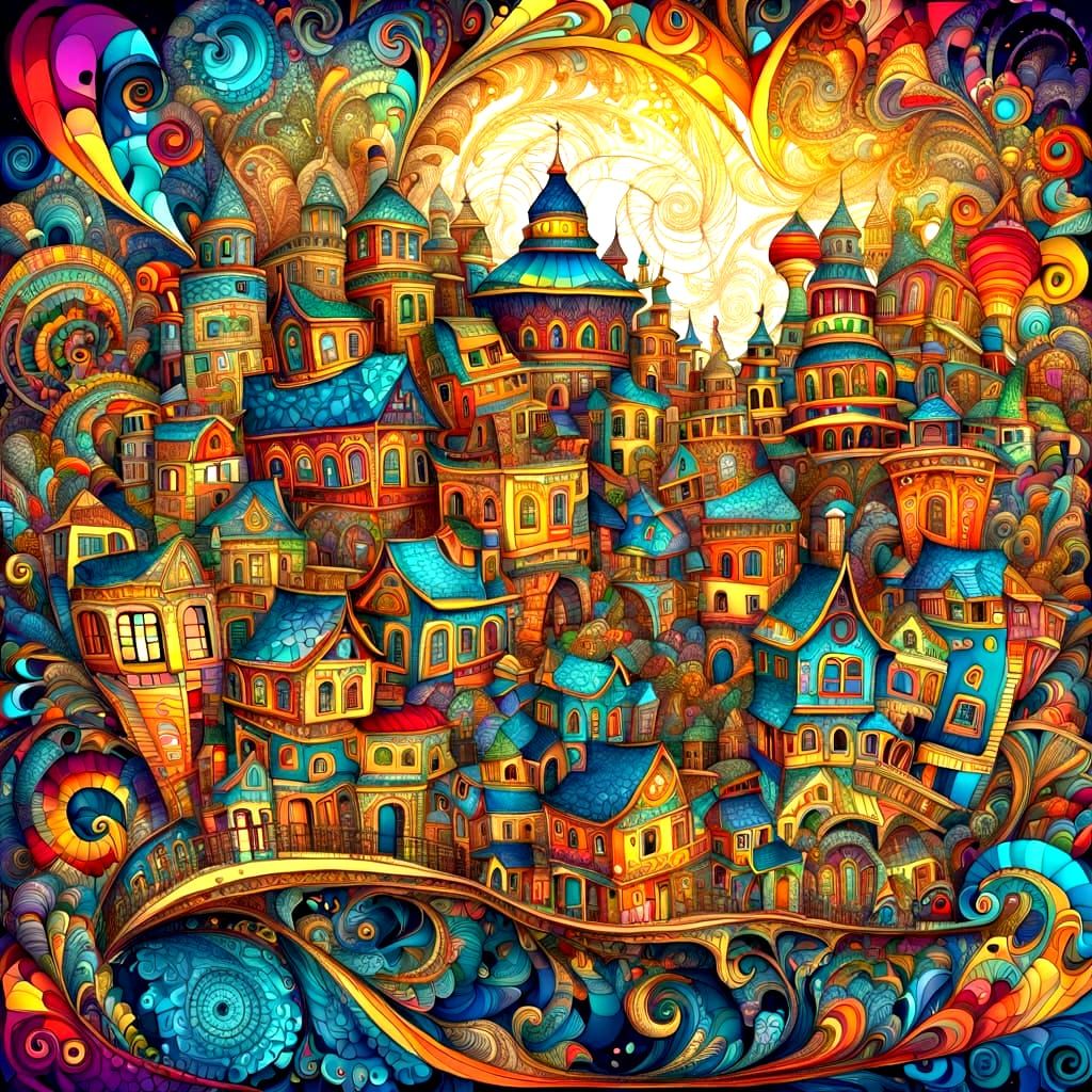 Colorful Fantasy Town in Doodle Art Style