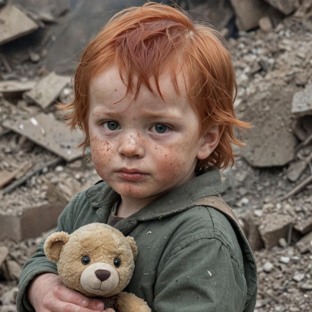 Red-Haired Child's Face Overlaid with War Imagery