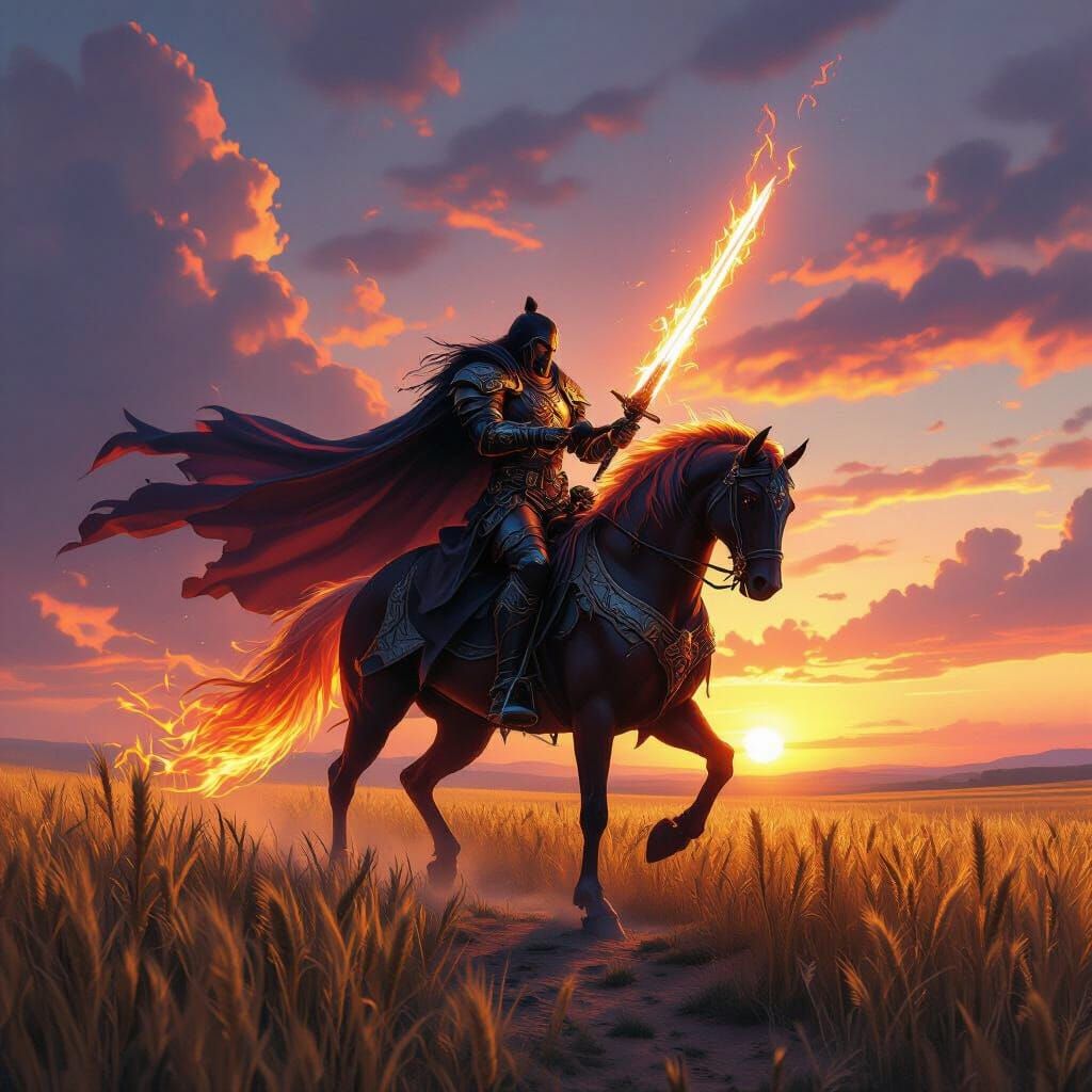 Warrior on Fiery Stallion Ascends to Victory at Sunrise
