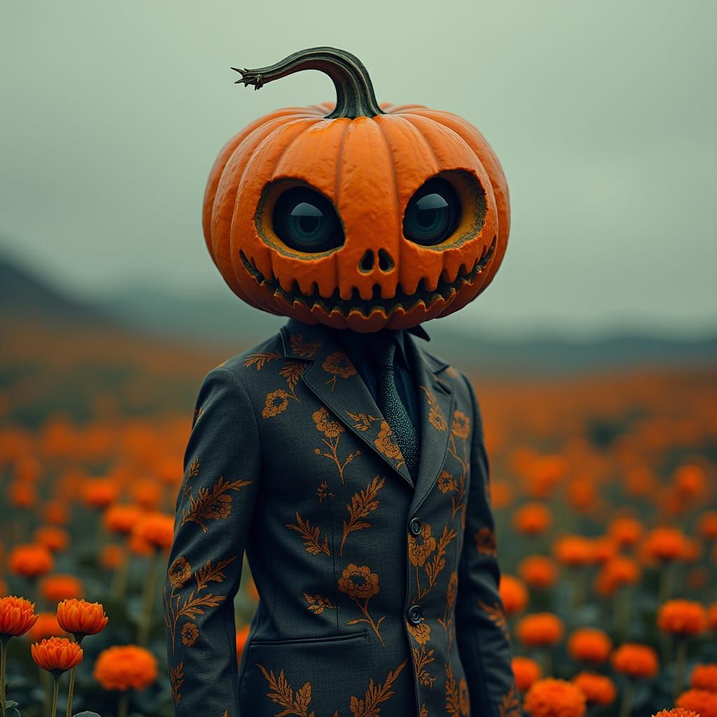 Pumpkin Head Portrait in Ornate Folk Art Style