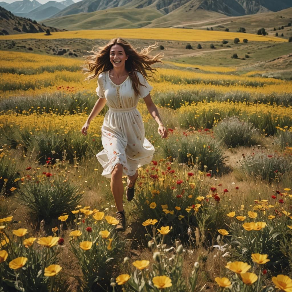 Woman Runs Through Flower Field: Cinematic Film Still