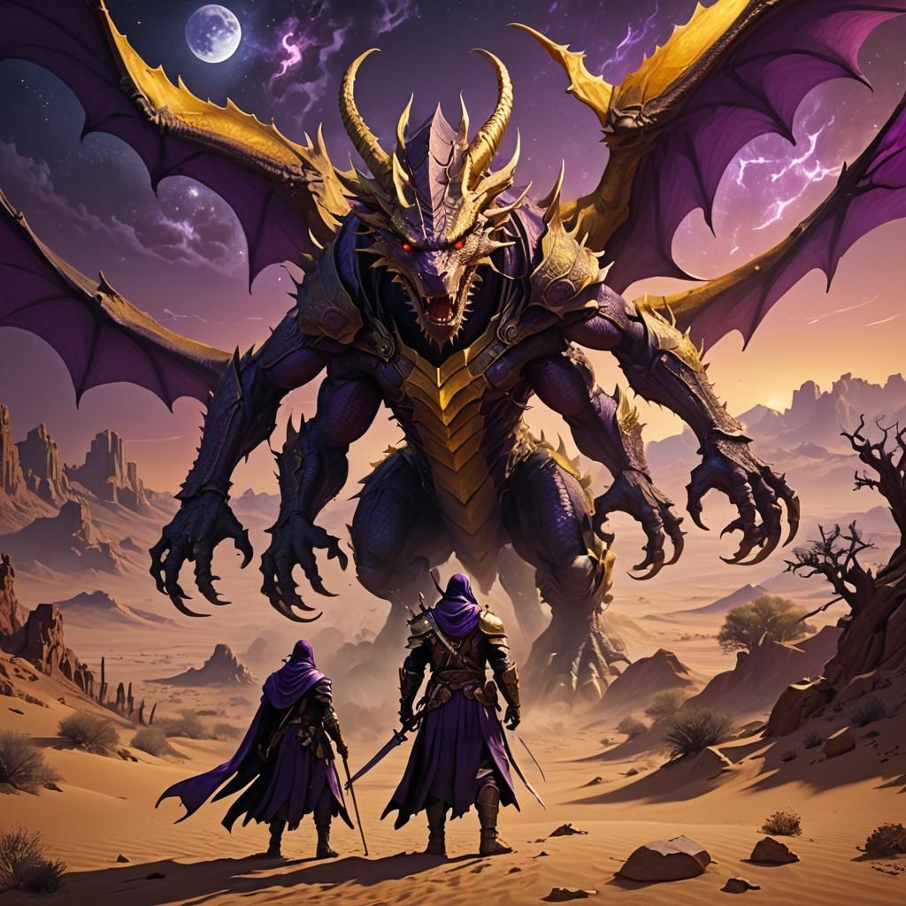 Hero vs Dragon in Desert Night: Dark Fantasy Art