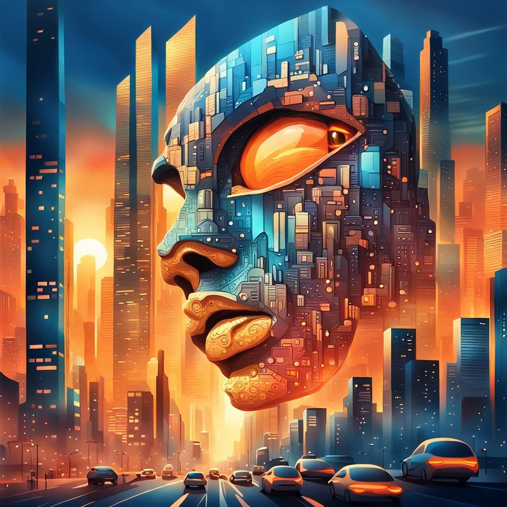 Colossal Urban Face in Futuristic Digital Art