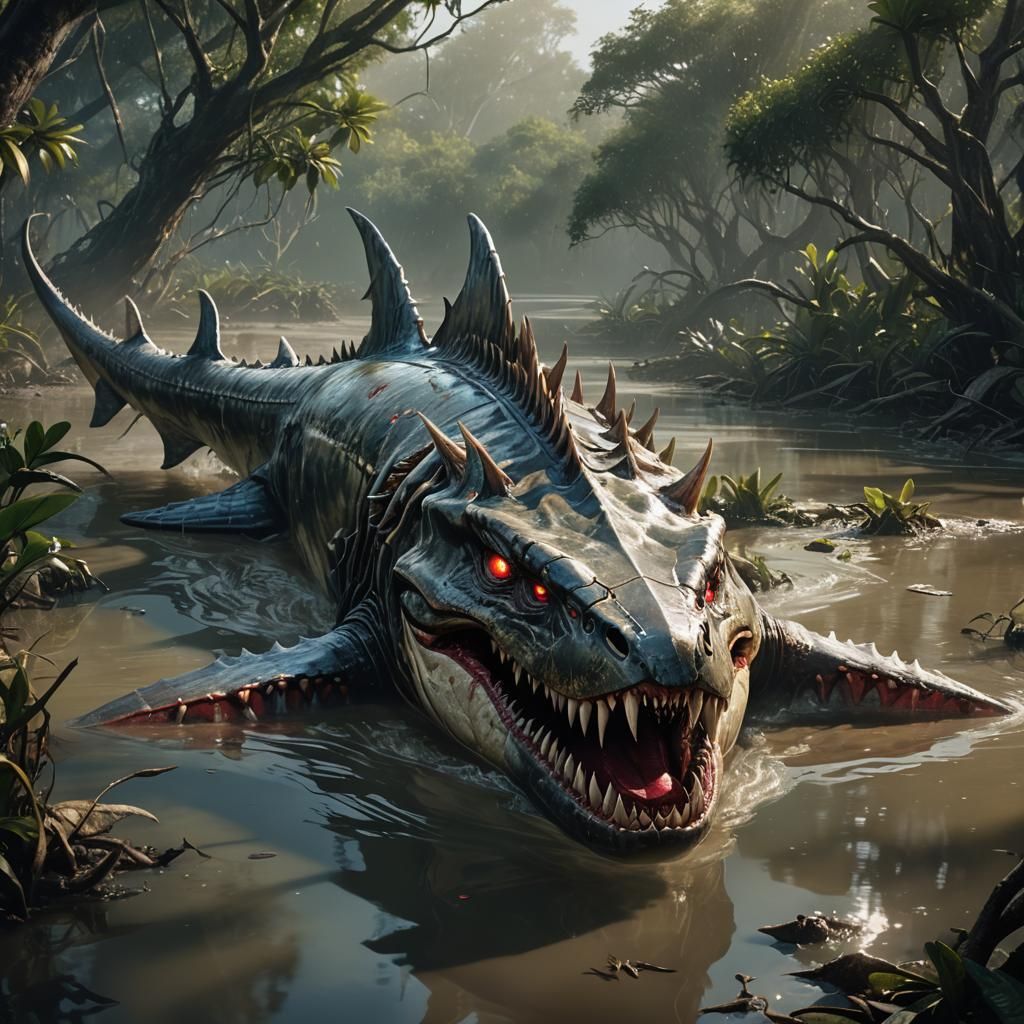 Razorjaw Leviathan in Murky Swamp: Hyper-Realistic Concept A...