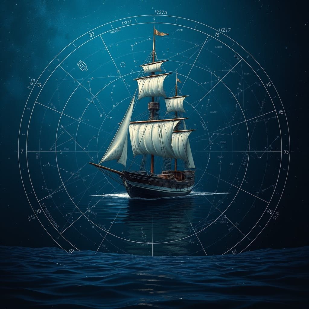 Schooner Amidst Celestial Navigation Chart in Cyberpunk Aest...