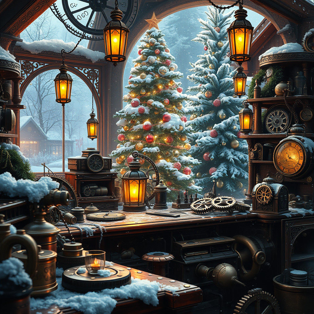 Steampunk Christmas Scene with Clockwork and Gears