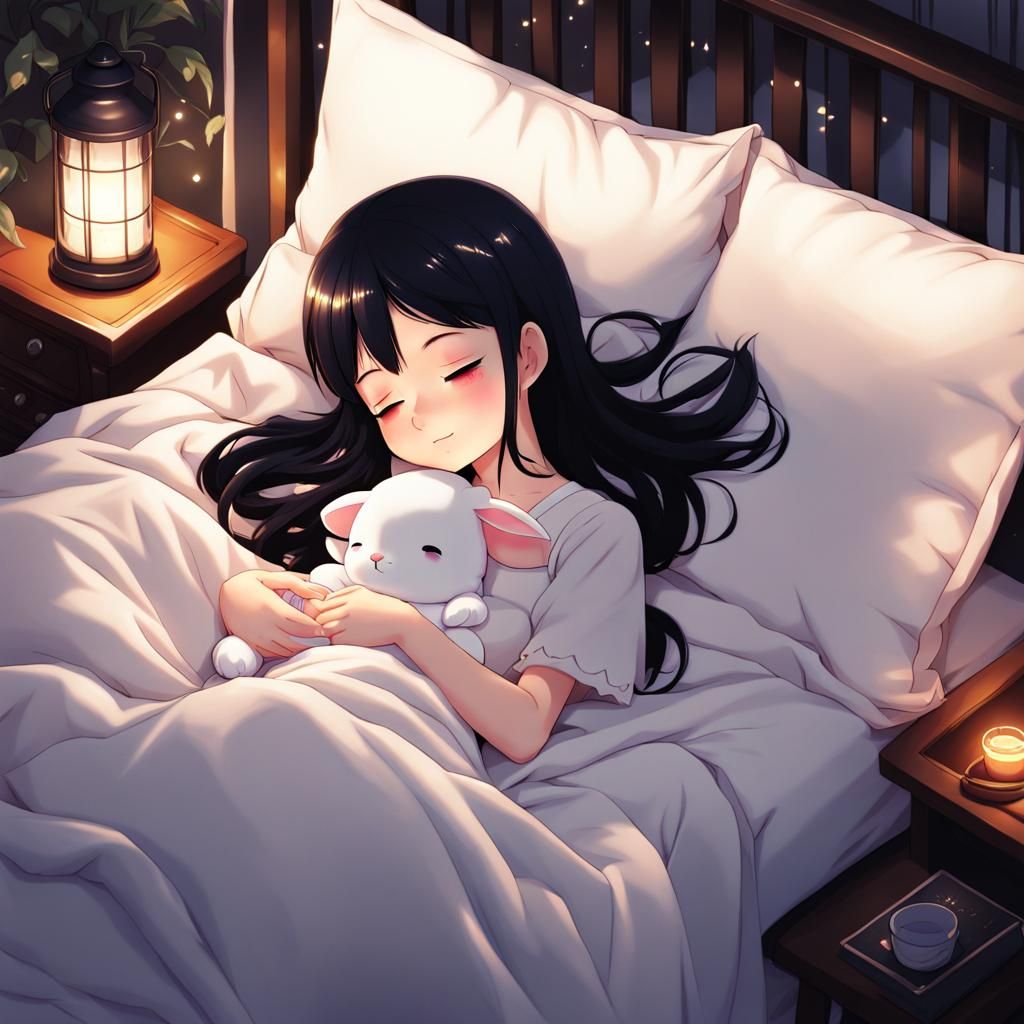 Chibi Black-Haired Girl Sleeping: Anime Style