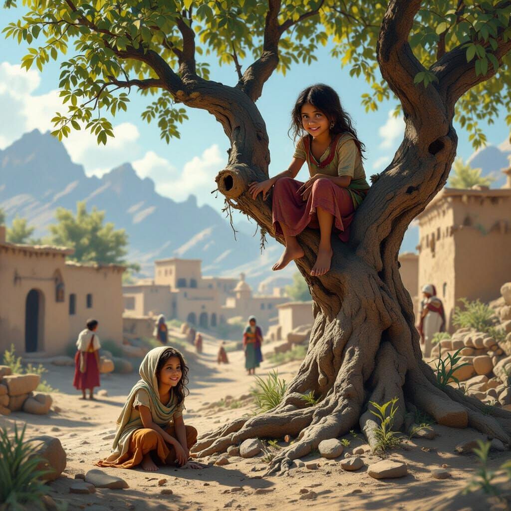 Ancient Iranian Village Scene with Children on Tree