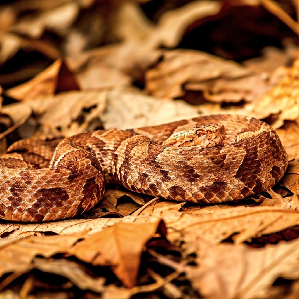 Copperhead Snake Camouflage in Autumn Leaves