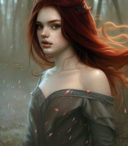 Red-Haired Elf Portrait with Freckles in Hyperdetailed Style