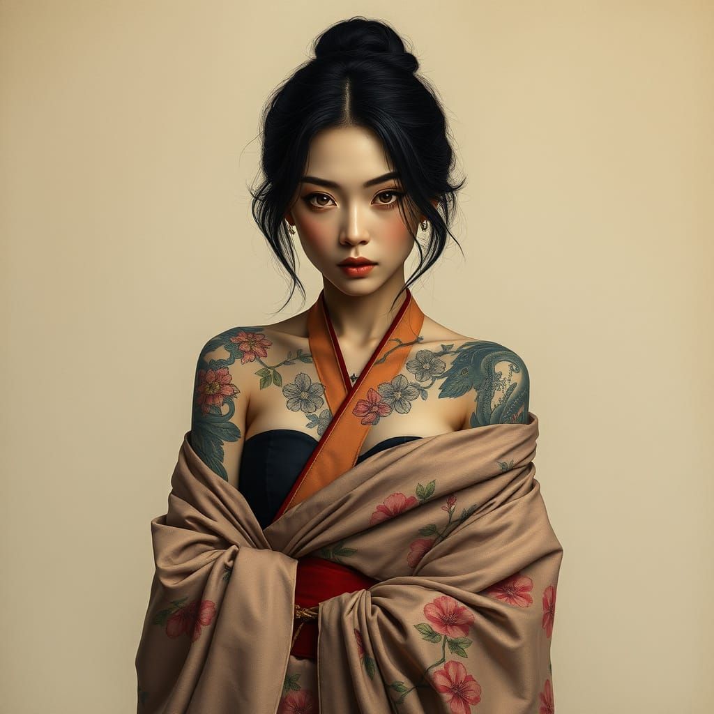 Exotic Geisha Goddess with Traditional Japanese Ink Art