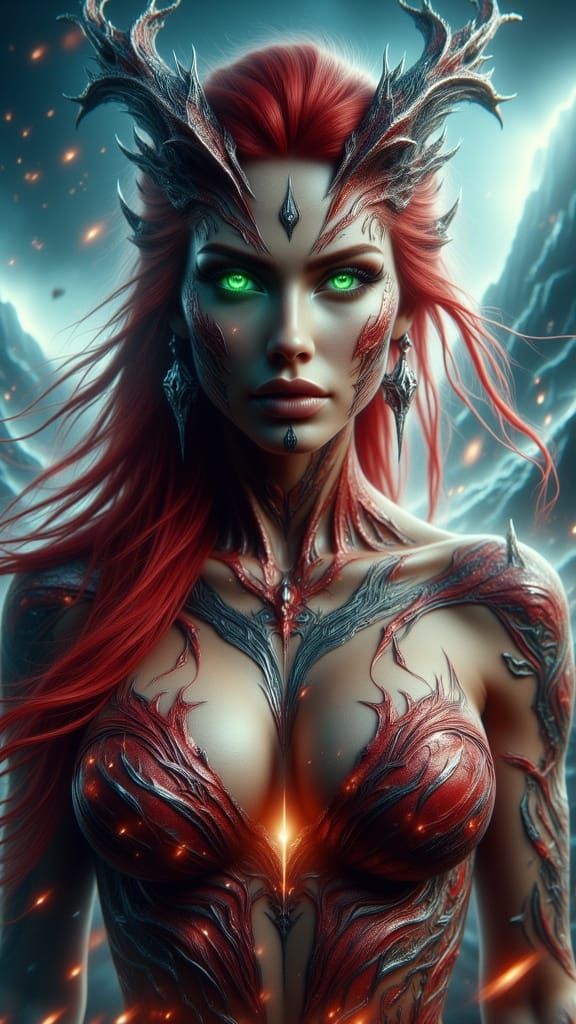 Dragon-Woman on Windswept Peak in Hyperrealism