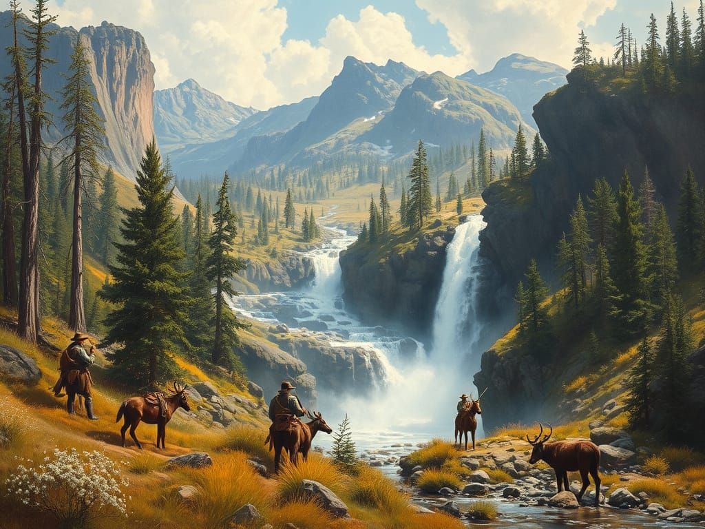 Turner-Inspired Waterfall Landscape with Awestruck Native Am...