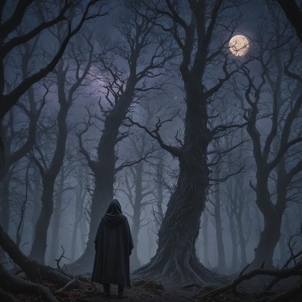 Eerie Hooded Figure in Mystical Forest