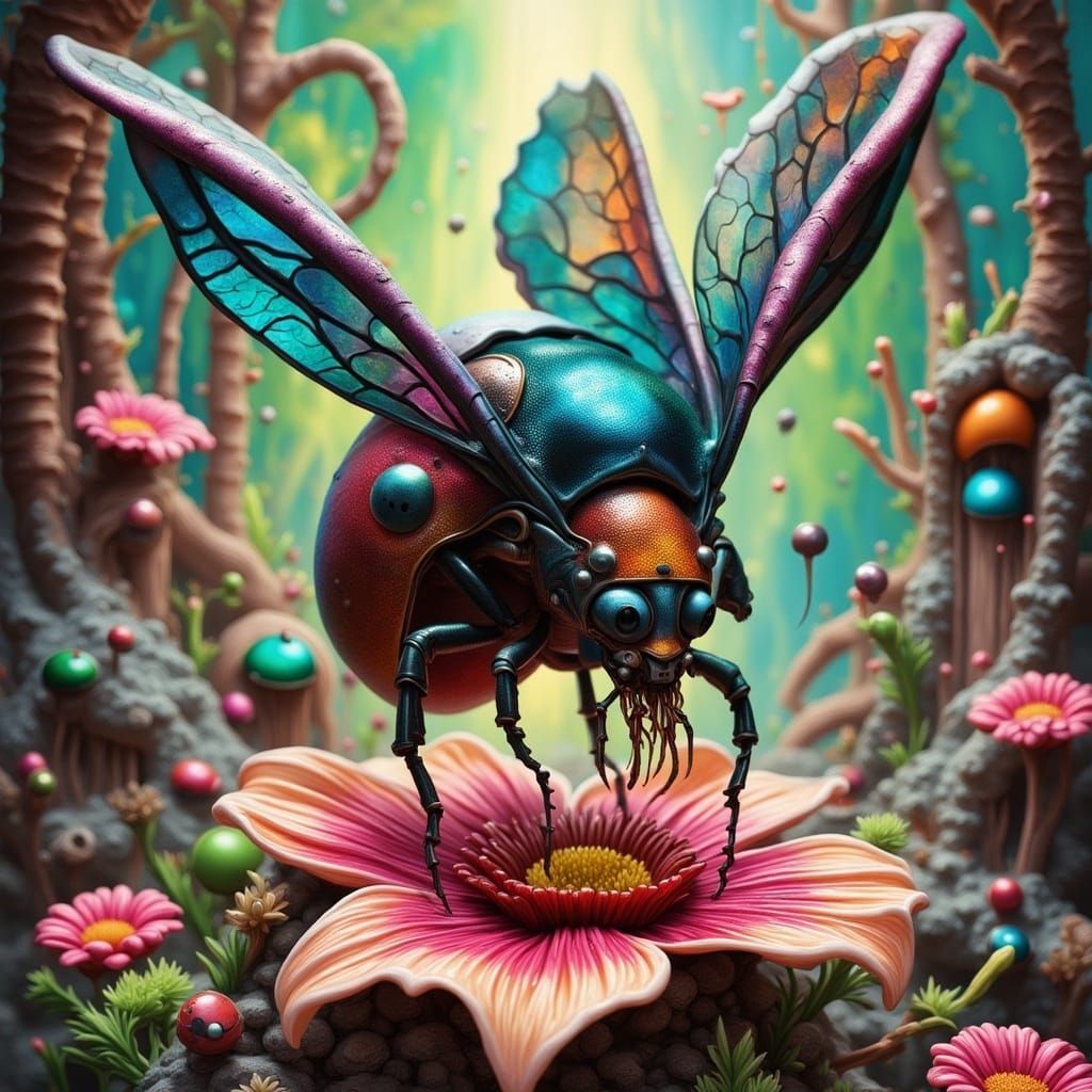 Iridescent Ladybug Alien on Crystal Petal in Vibrant Otherwo...