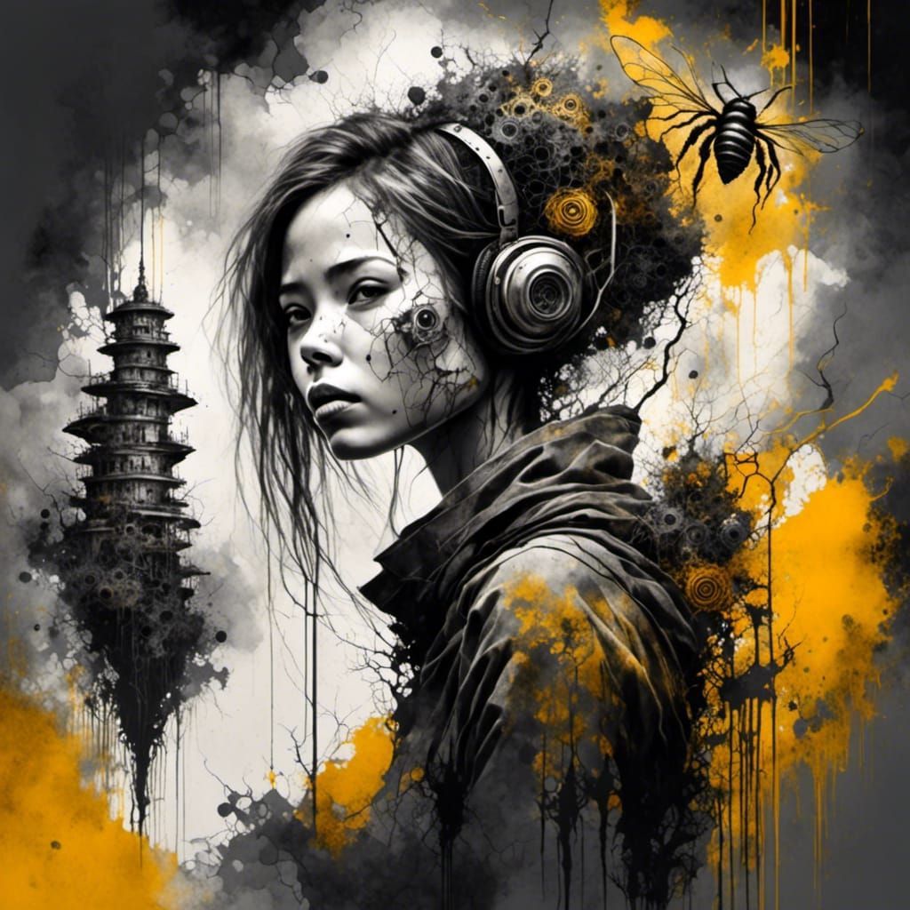 Cyberpunk Beehive Girl in Ink and Charcoal Style