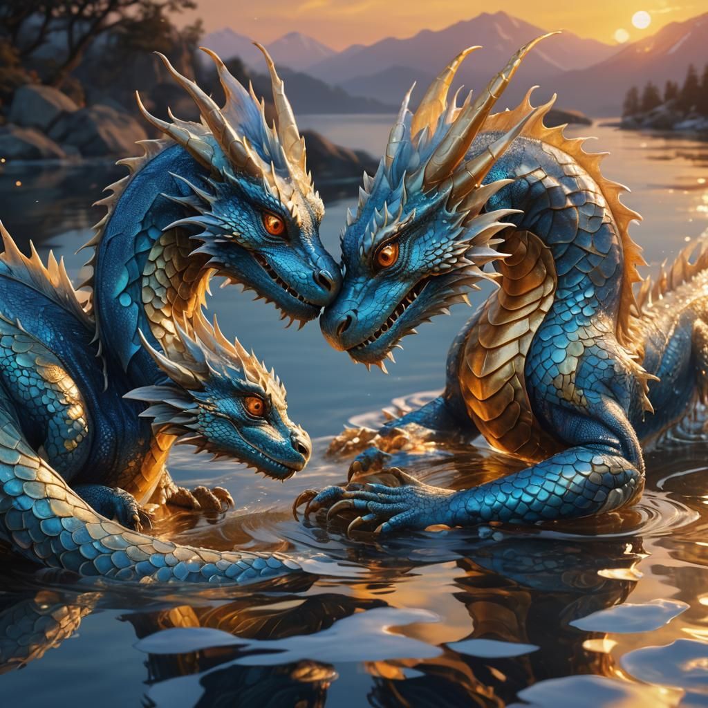 Majestic Water Dragon with Baby: Fantasy Concept Art