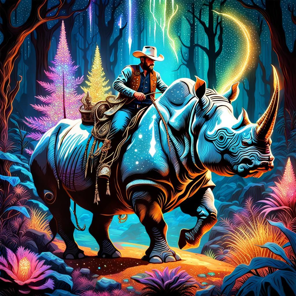 Dreamcore Cowboy Rides Rhino in Bioluminescent Forest