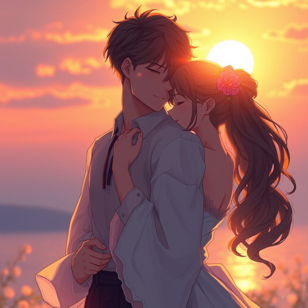 Romantic Couple Embrace at Sunset in Anime Style