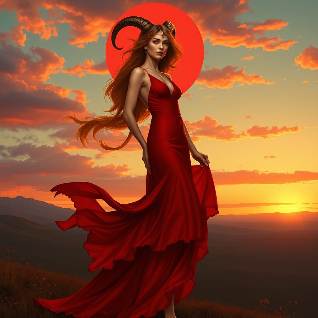Aries Woman in Art Nouveau Sunset Landscape