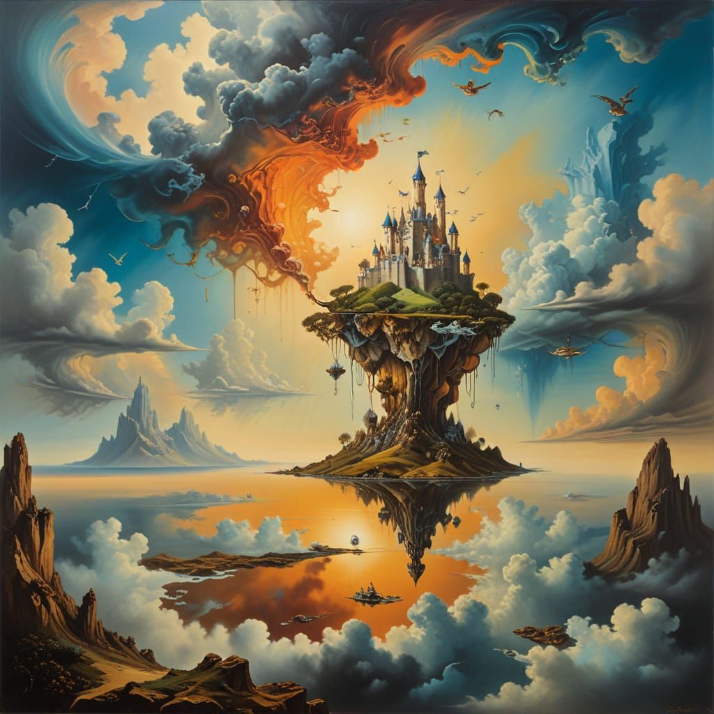 Surreal Landscape with Floating Castle in a Melting Sky