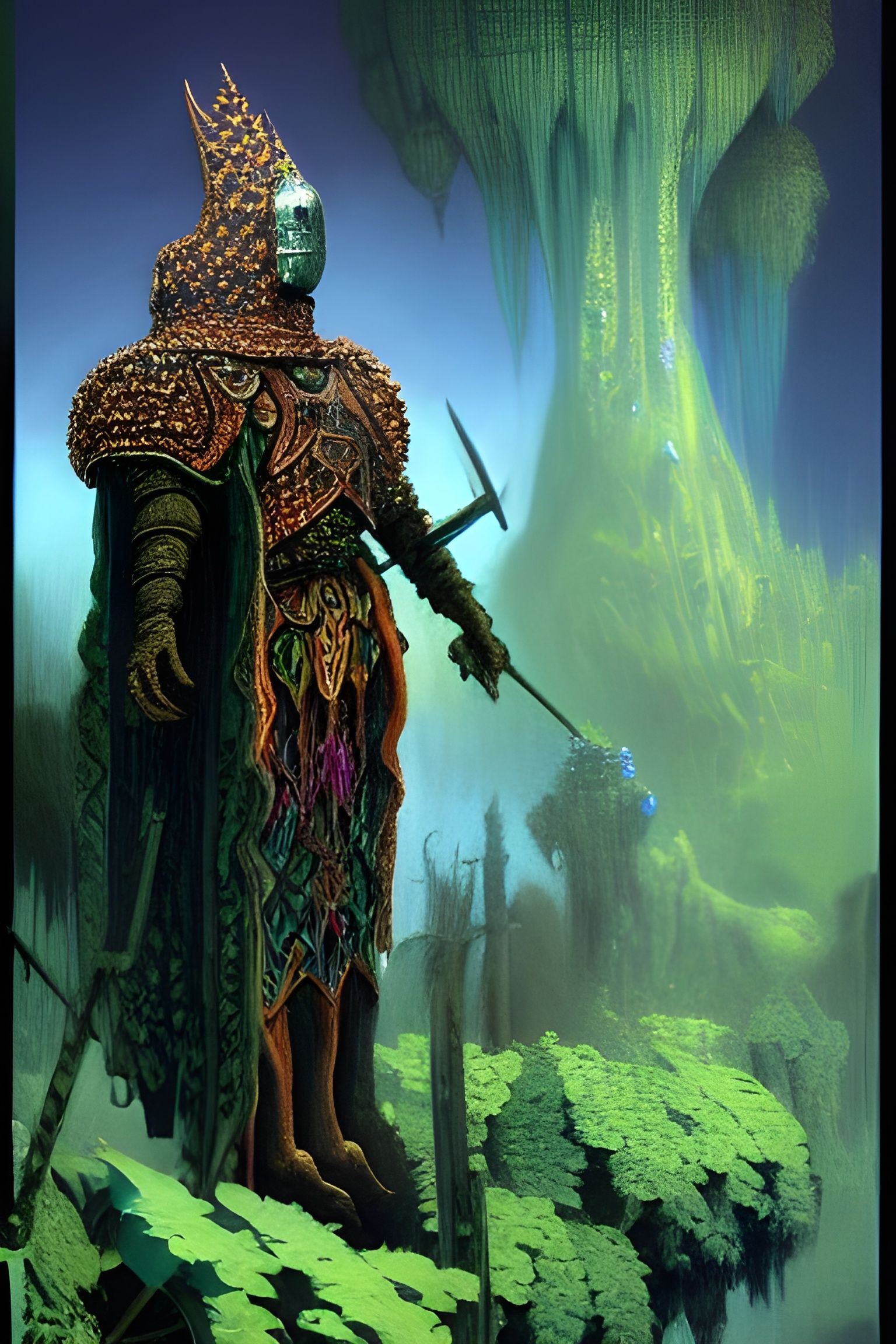 Armored Knight in Alien Rainforest, Fantasy Art